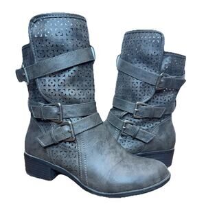 JUSTFAB Perforated Midi Boots Strappy Buckle Black Womens Saraya Sz 8.5